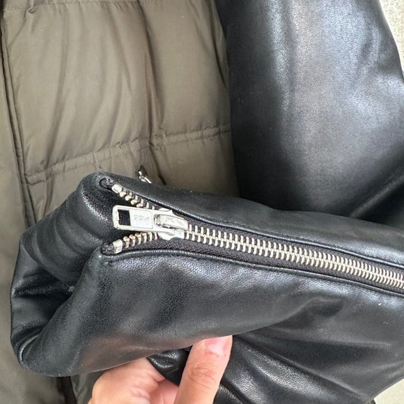 Mackage Gavin Army Green Down Coat with Leather Sleeves and Fur Hood - Picture 10 of 13